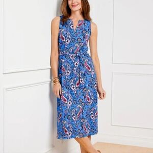 TALBOTS SEASIDE PAISLEY TIE WAIST SLEEVELESS BLUE JERSEY MIDI DRESS XL NWT